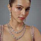 Zia Silver Plated Zircon Womens Long Necklace Set with Pair of Earrings (Freesize)