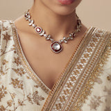 Burgundy Gold Plated Red Womens Kundan, Polki Short Necklace Set with Pair of Earrings (Freesize)