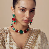Florence Green & Red Womens Contemporary Choker Necklace Set with Pair of Earrings (Freesize)