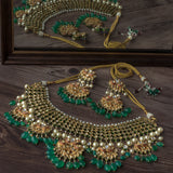 Gold Plated Green Womens Choker Necklace Set with Pair of Earrings