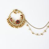 Saadgi Gold Plated Red Kundan, Polki Womens Nath with Chain (Freesize)