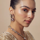 Burgundy Gold Plated Red Womens Kundan, Polki Short Necklace Set with Pair of Earrings (Freesize)