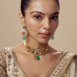 Morpankh Gold Plated Green Womens Beaded Choker Necklace Set with Pair of Earrings (Freesize)