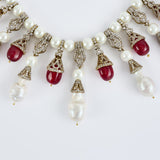 Florence Silver Plated Red Womens Pearl Short Necklace Set with Pair of Earrings (Freesize)