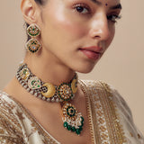 Morpankh Gold Plated Green Womens Kundan, Polki Short Necklace Set with Pair of Earrings (Freesize)
