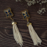Gold Plated Blue Womens Pair of Tassel Earrings