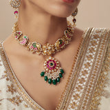 Morpankh Gold Plated Multicolored Womens Kundan, Polki Short Necklace Set with Pair of Earrings (Freesize)