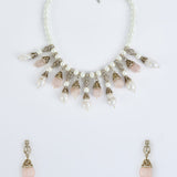 Florence Gold Plated Pink Womens Pearl Short Necklace Set with Pair of Earrings (Freesize)