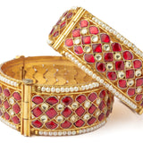 Gold Plated Red Womens Kundan, Polki Pair of Bangle