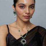 Zia Silver Plated Green Womens Zircon Long Necklace Set with Pair of Earrings (Freesize)