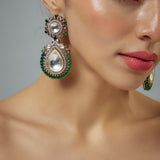 Burgundy Silver Plated Green Kundan, Polki Womens Pair of Drop Earrings (Freesize)