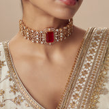 Florence Gold Plated Red Womens Kundan, Polki Choker Necklace Set with Pair of Earrings (Freesize)