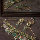 Gold Plated Multicolored Womens Choker Necklace Set with Pair of Earrings