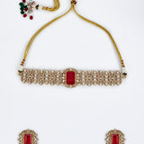 Florence Gold Plated Red Womens Kundan, Polki Choker Necklace Set with Pair of Earrings (Freesize)