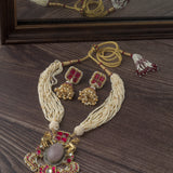 Gold Plated Red Womens Long Necklace Set with Pair of Earrings