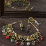 Gold Plated Multicolored Womens Short Necklace Set with Pair of Earrings