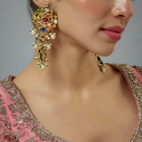 Saadgi Gold Plated Multicolored Kundan, Polki Womens Pair of Drop Earrings (Freesize)