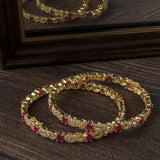 Gold Plated Pink Colored Synthetic Stone Womens Pair of Bangles