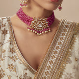 Antara Gold Plated Pink Womens Kundan, Polki Choker Necklace Set with Pair of Earrings (Freesize)