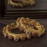 Gold Plated Red Colored Synthetic Stone Womens Pair of Bangles