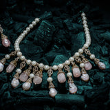 Florence Gold Plated Pink Womens Pearl Short Necklace Set with Pair of Earrings (Freesize)