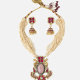 Gold Plated Red Womens Long Necklace Set with Pair of Earrings