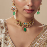 Morpankh Gold Plated Green Womens Beaded Choker Necklace Set with Pair of Earrings (Freesize)