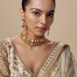 Morpankh Gold Plated Multicolored Womens Kundan, Polki Choker Necklace Set with Pair of Earrings (Freesize)