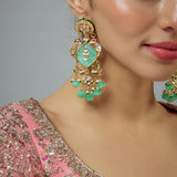Saadgi Gold Plated Green Kundan, Polki Womens Pair of Danglers Earrings (Freesize)