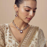 Burgundy Gold Plated Red Womens Kundan, Polki Short Necklace Set with Pair of Earrings (Freesize)