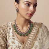 Florence Green Womens Kundan, Polki Short Necklace Set with Pair of Earrings (Freesize)
