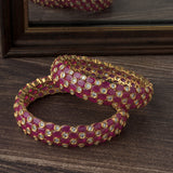 Gold Plated Pink Colored Synthetic Stone Womens Pair of Bangles