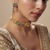 Morpankh Gold Plated Multicolored Womens Kundan, Polki Choker Necklace Set with Pair of Earrings (Freesize)