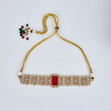 Florence Gold Plated Red Womens Kundan, Polki Choker Necklace Set with Pair of Earrings (Freesize)
