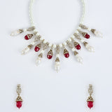 Florence Silver Plated Red Womens Pearl Short Necklace Set with Pair of Earrings (Freesize)