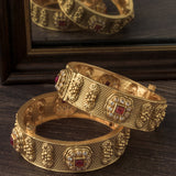 Gold Plated Red Colored Temple Womens Pair of Bangles