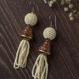 Gold Plated White Womens Beaded Tassel Pair of Earrings