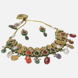 Gold Plated Multicolored Womens Short Necklace Set with Pair of Earrings