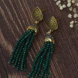 Gold Plated Green Womens Beaded Tassel Pair of Earrings