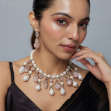 Florence Gold Plated Pink Womens Pearl Short Necklace Set with Pair of Earrings (Freesize)