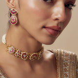Morpankh Gold Plated Pink Womens Beaded Choker Necklace Set with Pair of Earrings (Freesize)