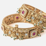 Gold Plated Pink Colored Temple Womens Pair of Bangles