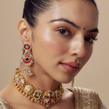 Morpankh Gold Plated Multicolored Womens Kundan, Polki Choker Necklace Set with Pair of Earrings (Freesize)