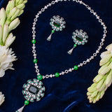 Zia Silver Plated Green Womens Zircon Long Necklace Set with Pair of Earrings (Freesize)
