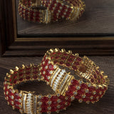 Gold Plated Red Colored Synthetic Stone Womens Pair of Bangles