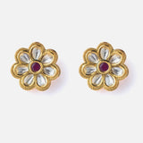 Gold Plated Red Womens Kundan & Polki Stud Pair of Earrings