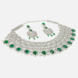 Silver Plated Green Womens Choker Necklace Set with Pair of Earrings