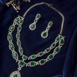 Silver Plated Green Womens Short Necklace Set with Pair of Earrings
