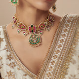 Morpankh Gold Plated Multicolored Womens Kundan, Polki Choker Necklace Set with Pair of Earrings (Freesize)