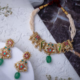 Morpankh Gold Plated Green Womens Beaded Choker Necklace Set with Pair of Earrings (Freesize)